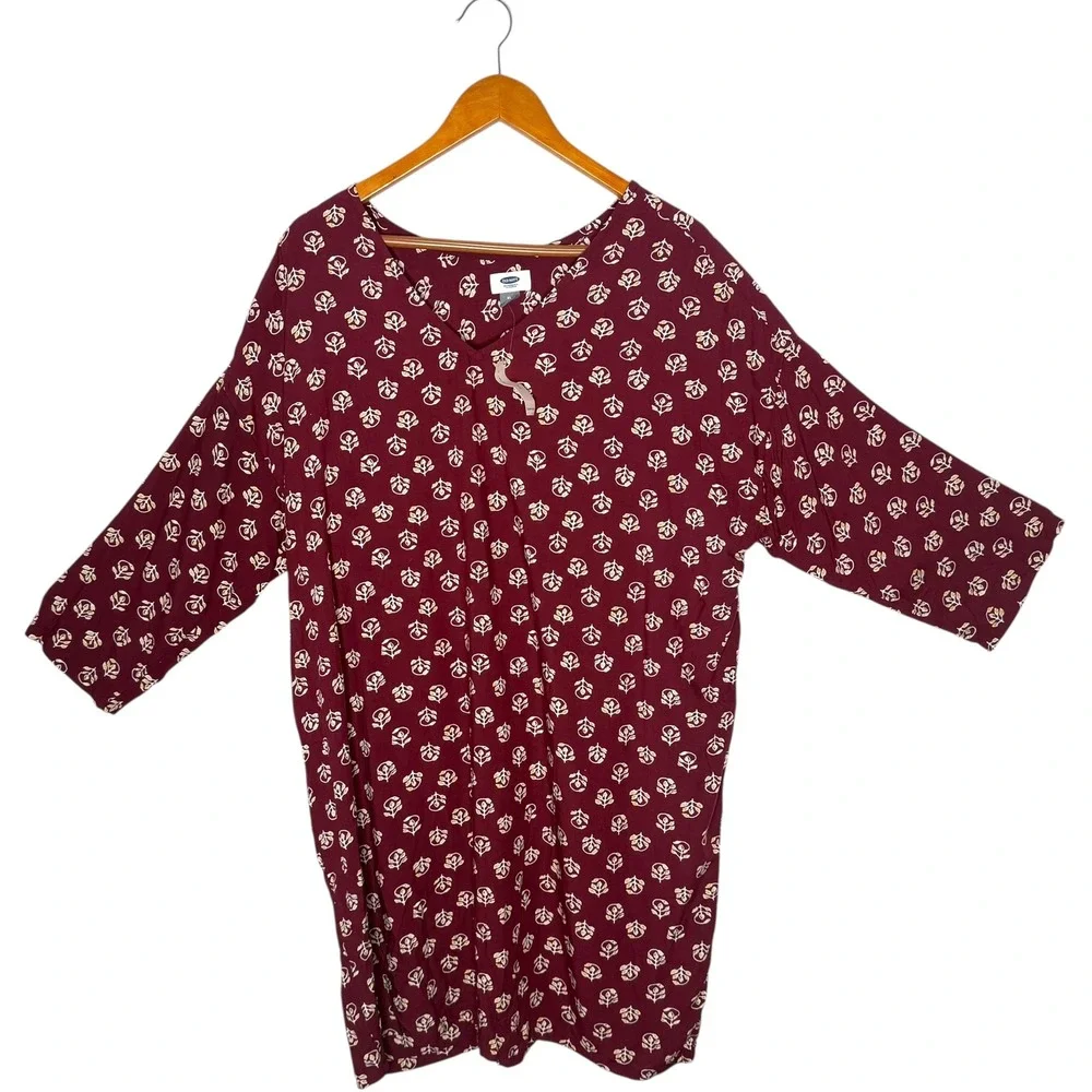 Old‎ Navy Womens XL Short Tunic Dress Floral Print Maroon Casual BOHO Festival